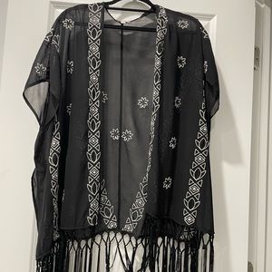 Black and white sheer flower kimono with fringe